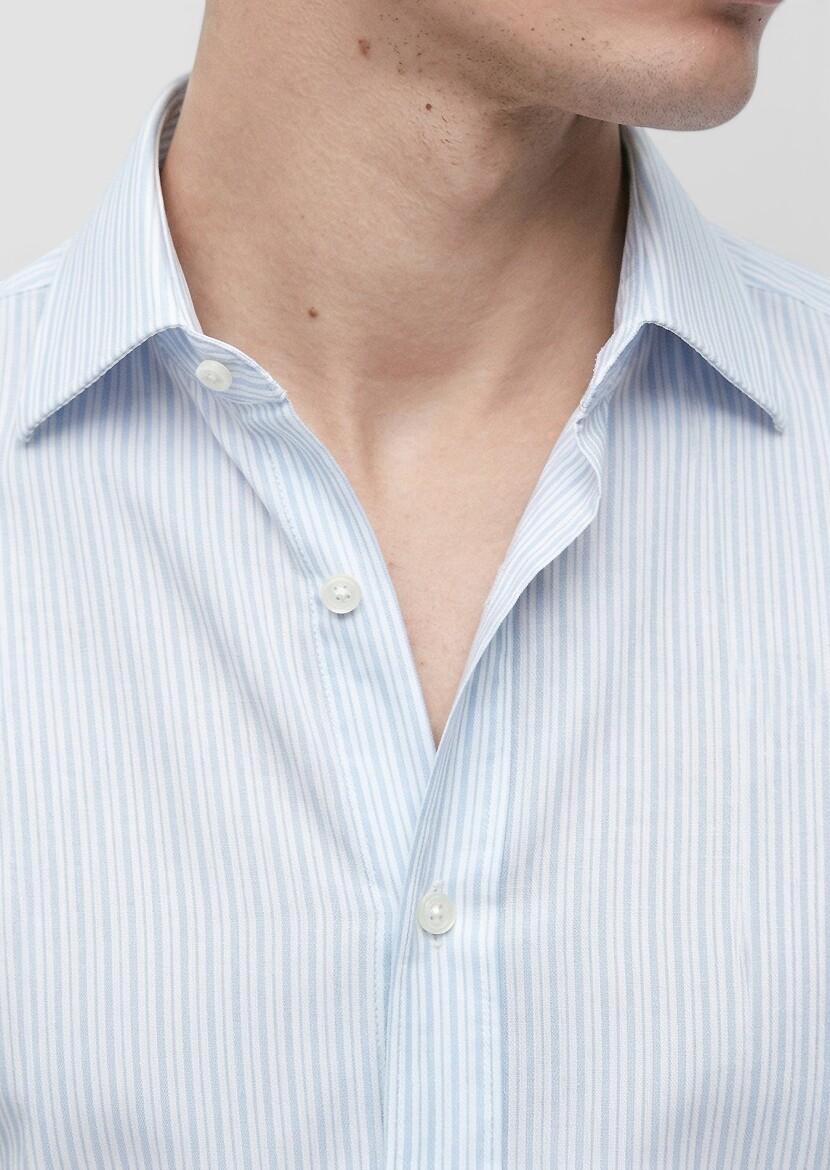 Light Blue Striped Long Weaving Classical 100% Cotton Shirt - 3