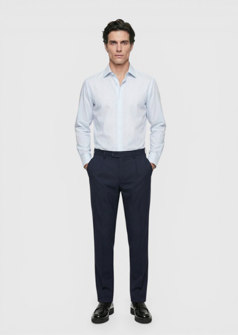 Light Blue Striped Long Weaving Classical 100% Cotton Shirt - 4