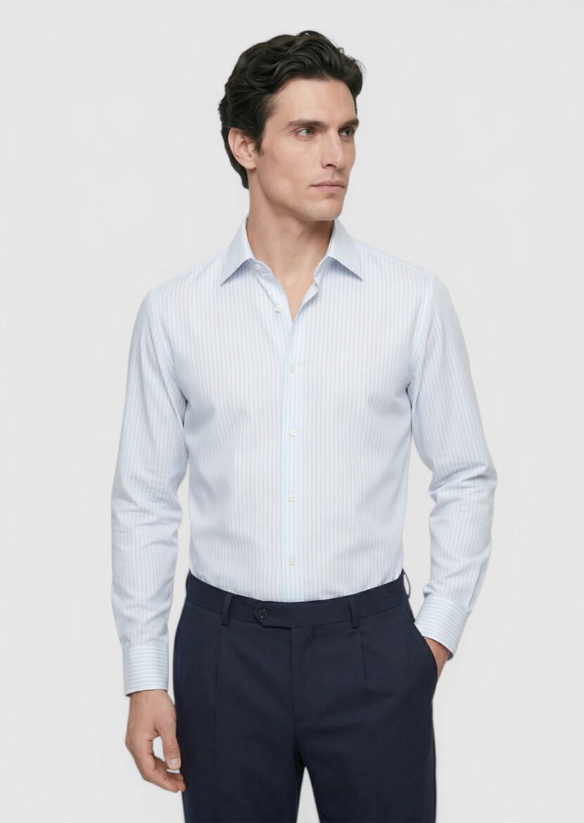 Light Blue Striped Long Weaving Classical 100% Cotton Shirt - RAMSEY