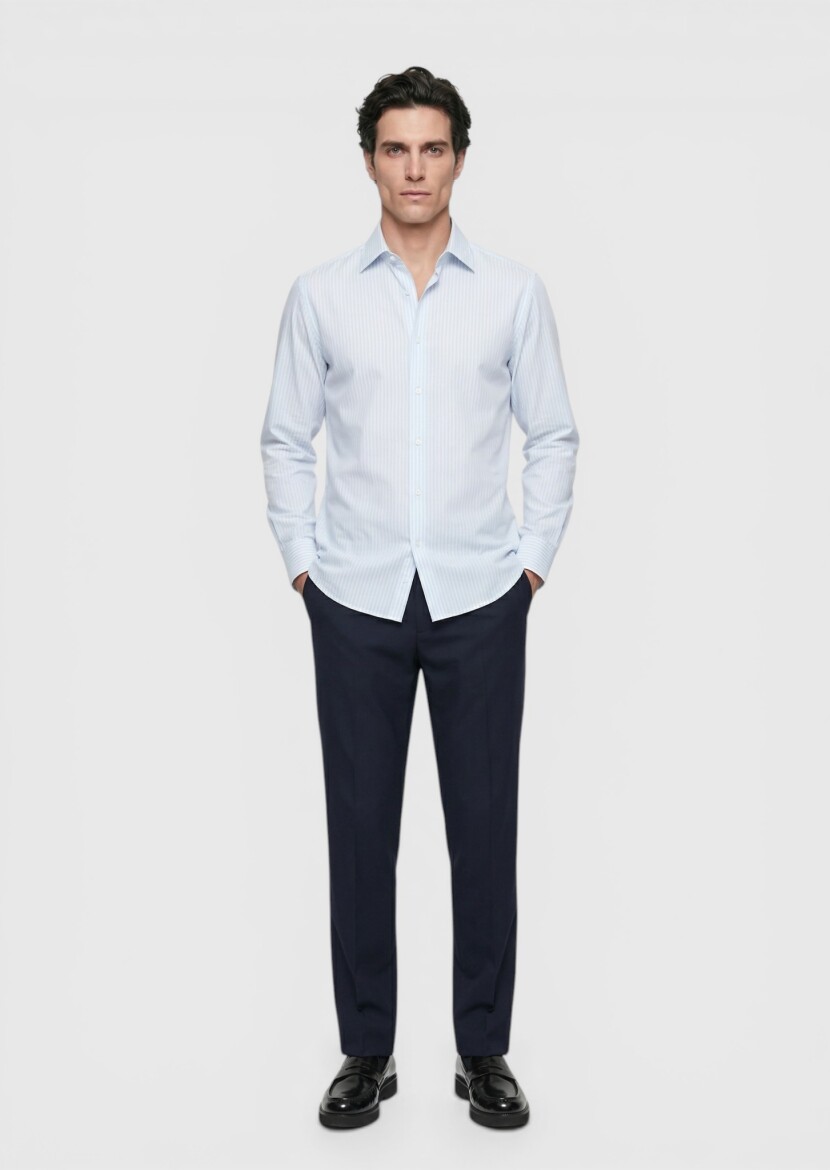 Light Blue Striped Long Weaving Classical 100% Cotton Shirt - RAMSEY