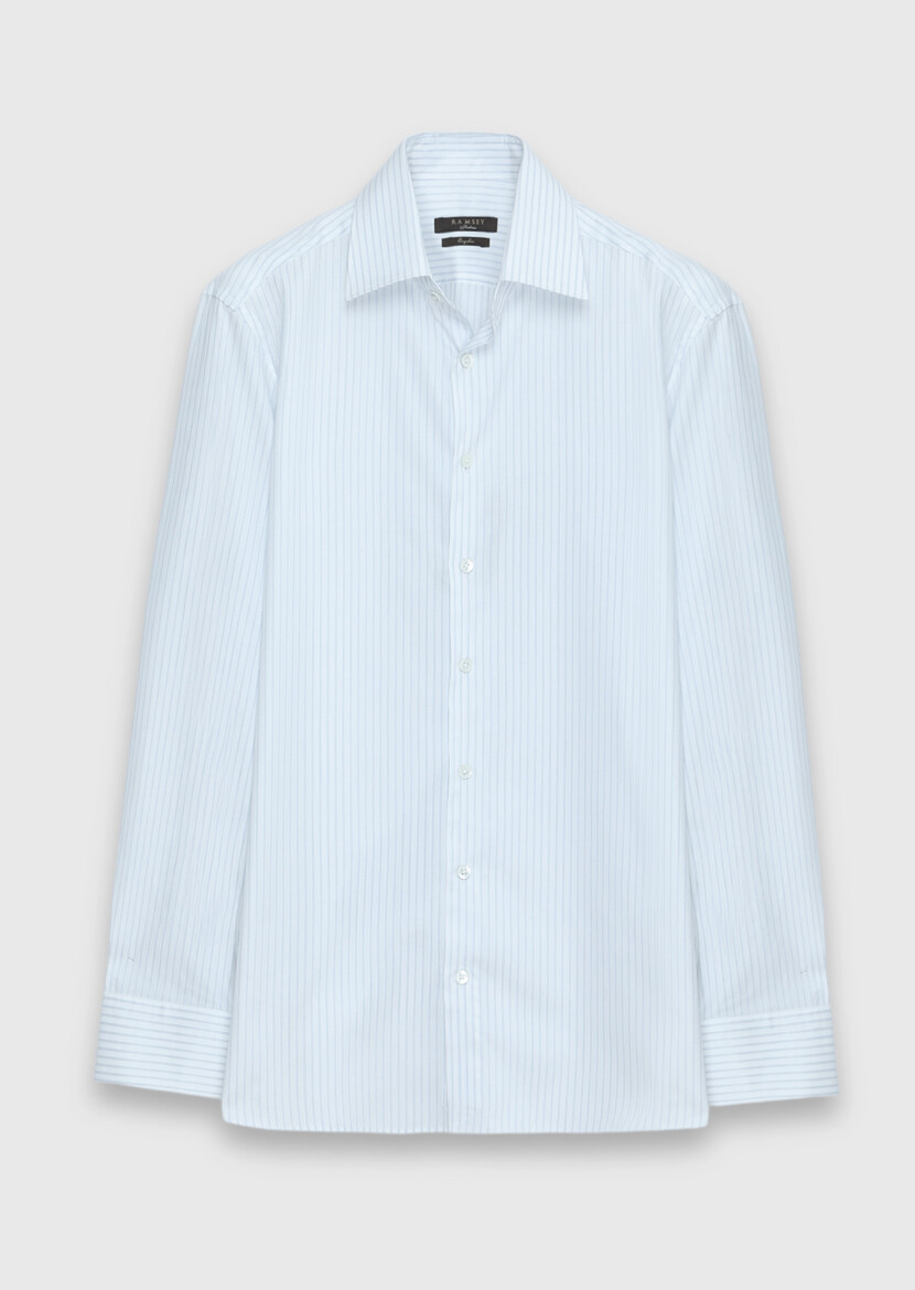 Light Blue Striped Long Weaving Classical 100% Cotton Shirt - 6