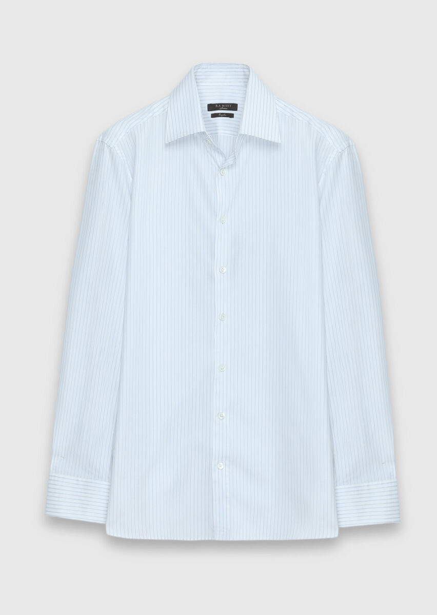 Light Blue Striped Long Weaving Classical 100% Cotton Shirt - 6