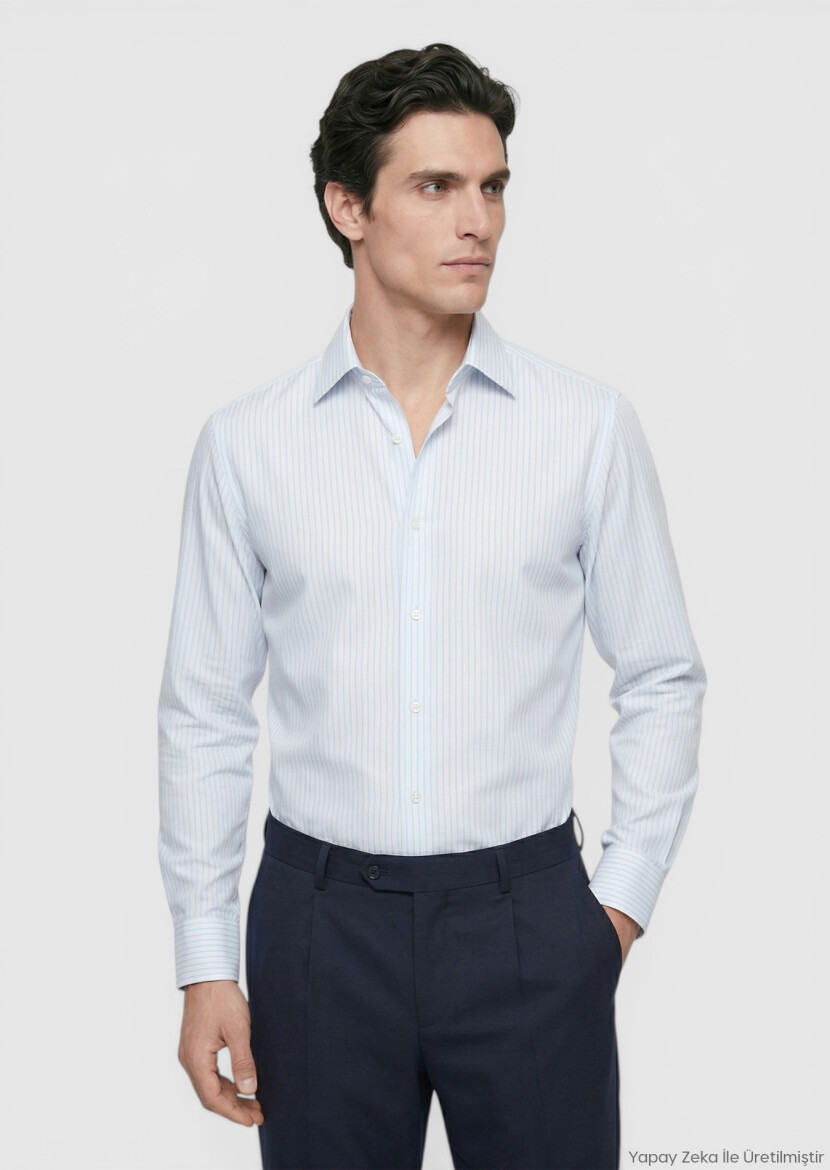 Light Blue Striped Long Weaving Classical 100% Cotton Shirt - RAMSEY
