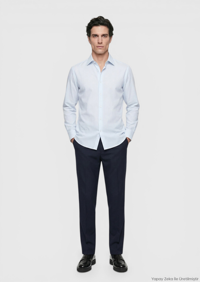Light Blue Striped Long Weaving Classical 100% Cotton Shirt - RAMSEY