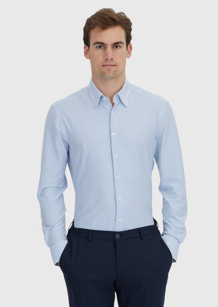 Light Blue Striped Regular Fit Long Knitting Classical Cotton Blended Shirt - RAMSEY