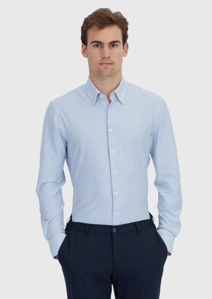 Light Blue Striped Regular Fit Long Knitting Classical Cotton Blended Shirt - 1