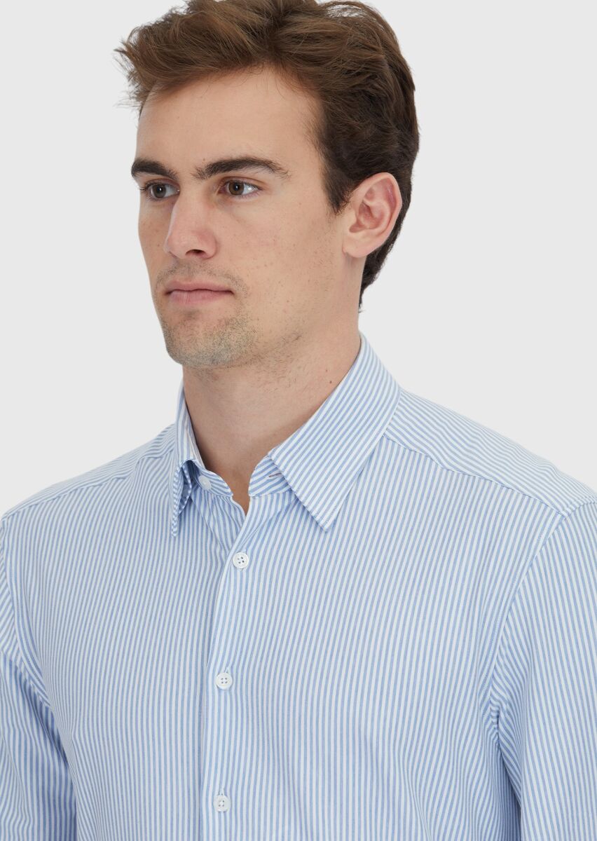 Light Blue Striped Regular Fit Long Knitting Classical Cotton Blended Shirt - 3