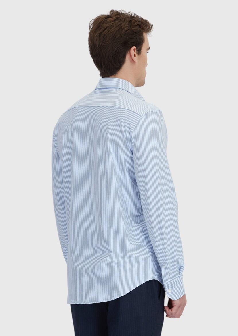 Light Blue Striped Regular Fit Long Knitting Classical Cotton Blended Shirt - 5