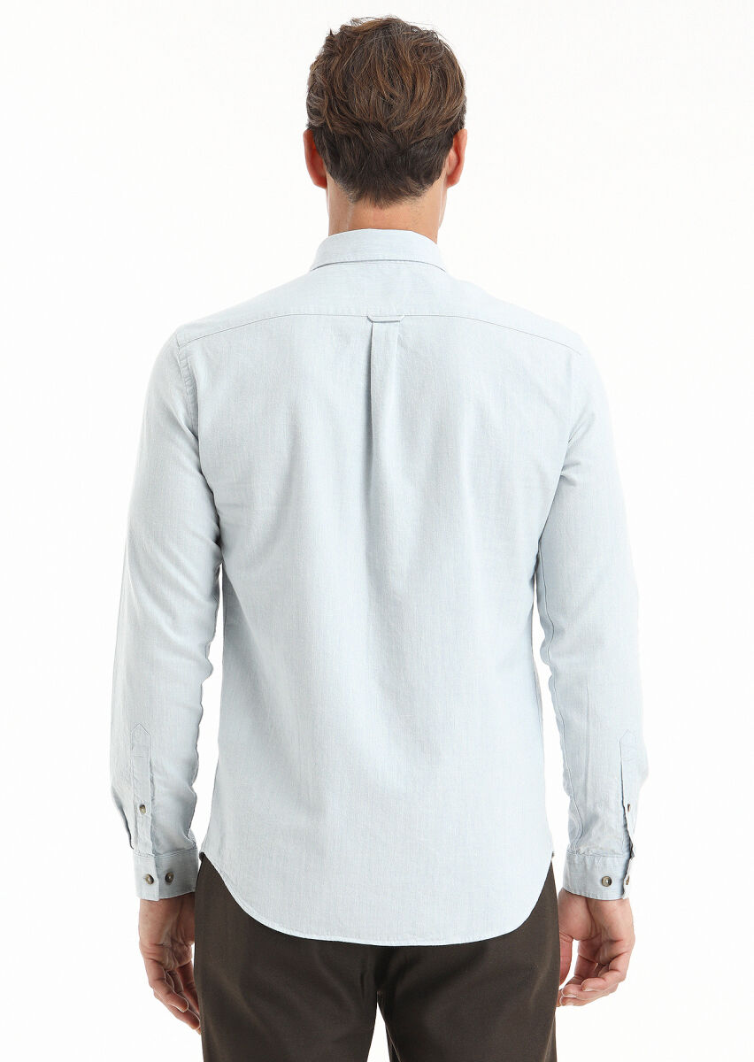 Light Blue Striped Regular Fit Long Weaving Casual 100% Cotton Shirt - 3