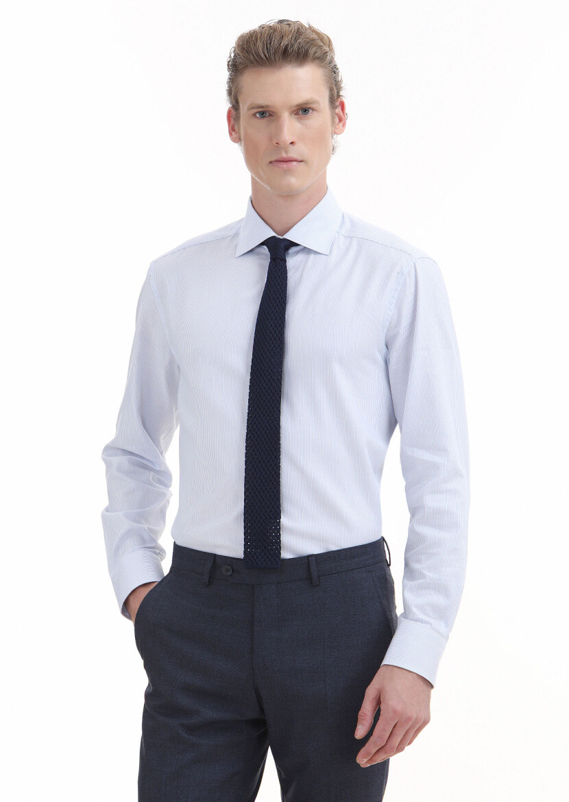 Light Blue Striped Regular Fit Long Weaving Classical 100% Cotton Shirt - 1