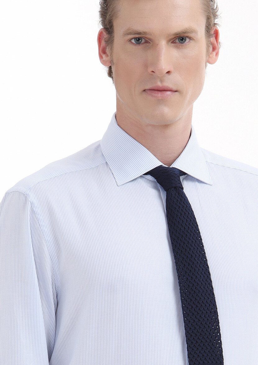 Light Blue Striped Regular Fit Long Weaving Classical 100% Cotton Shirt - 4
