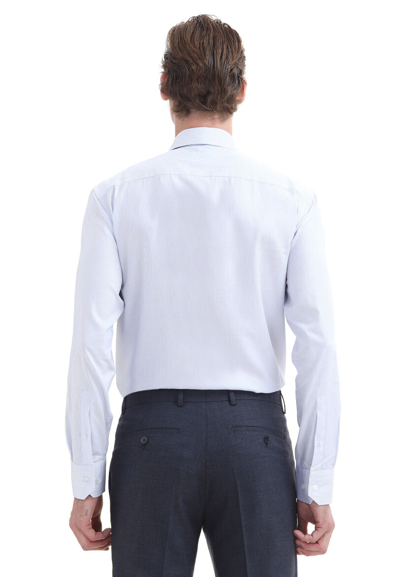 Light Blue Striped Regular Fit Long Weaving Classical 100% Cotton Shirt - 5