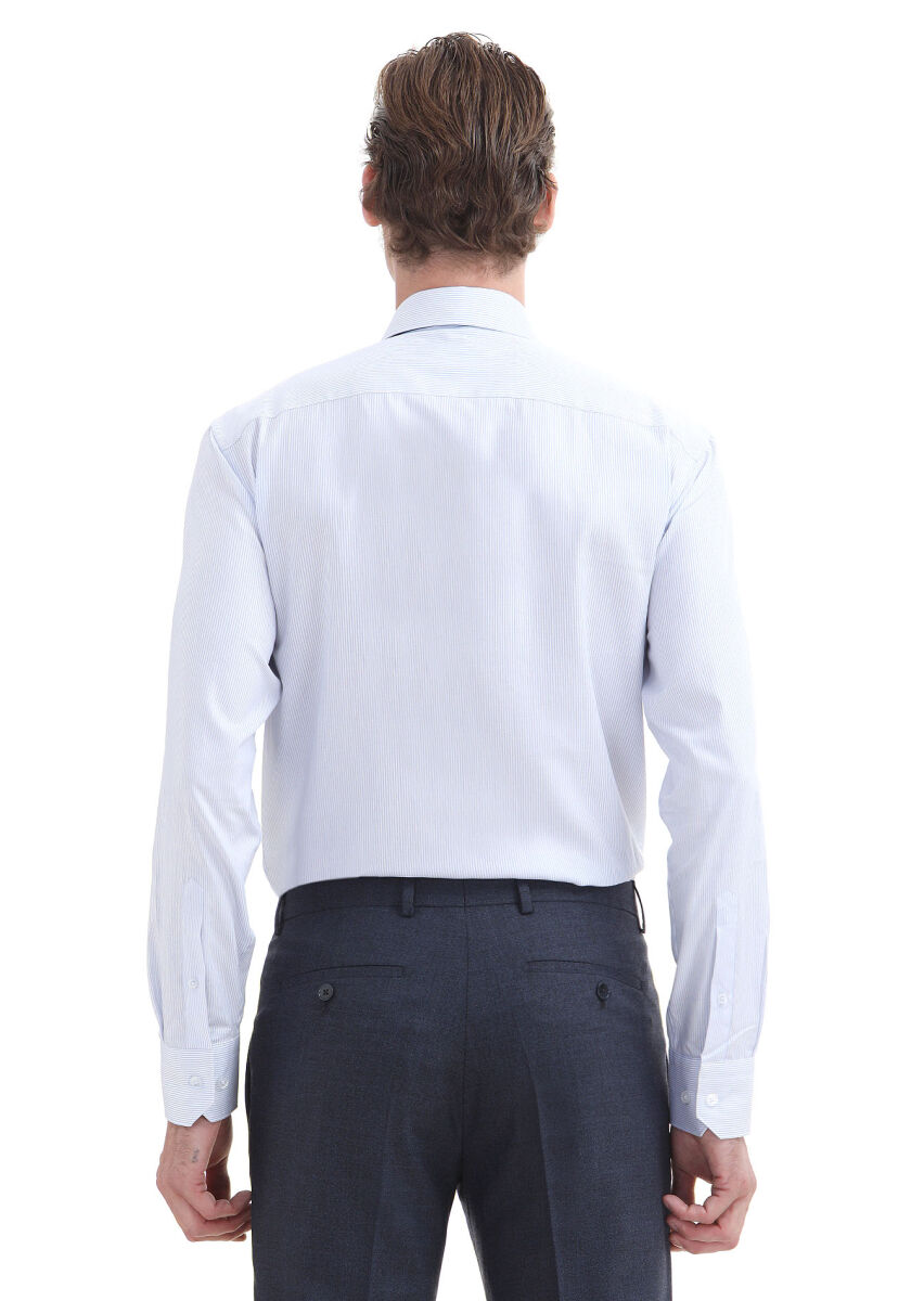Light Blue Striped Regular Fit Long Weaving Classical 100% Cotton Shirt - 5