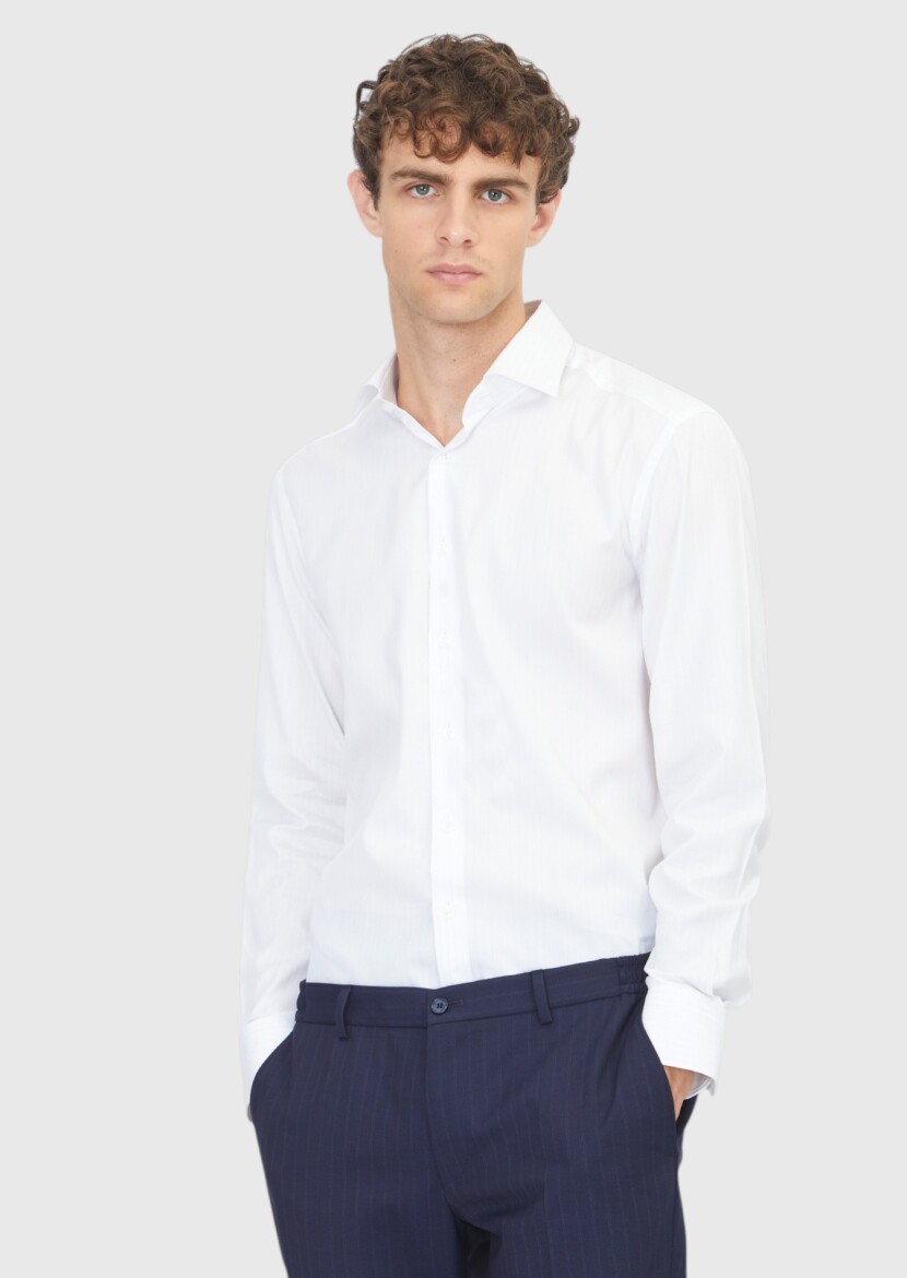 Light Blue Striped Regular Fit Long Weaving Classical Silk Blended Shirt - RAMSEY