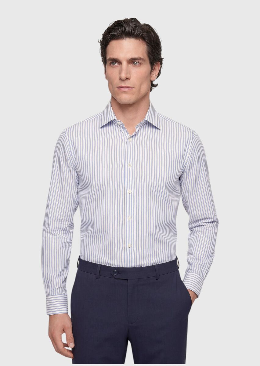 Light Blue Striped Regular Fit Long Weaving Classical Silk Blended Shirt - 1