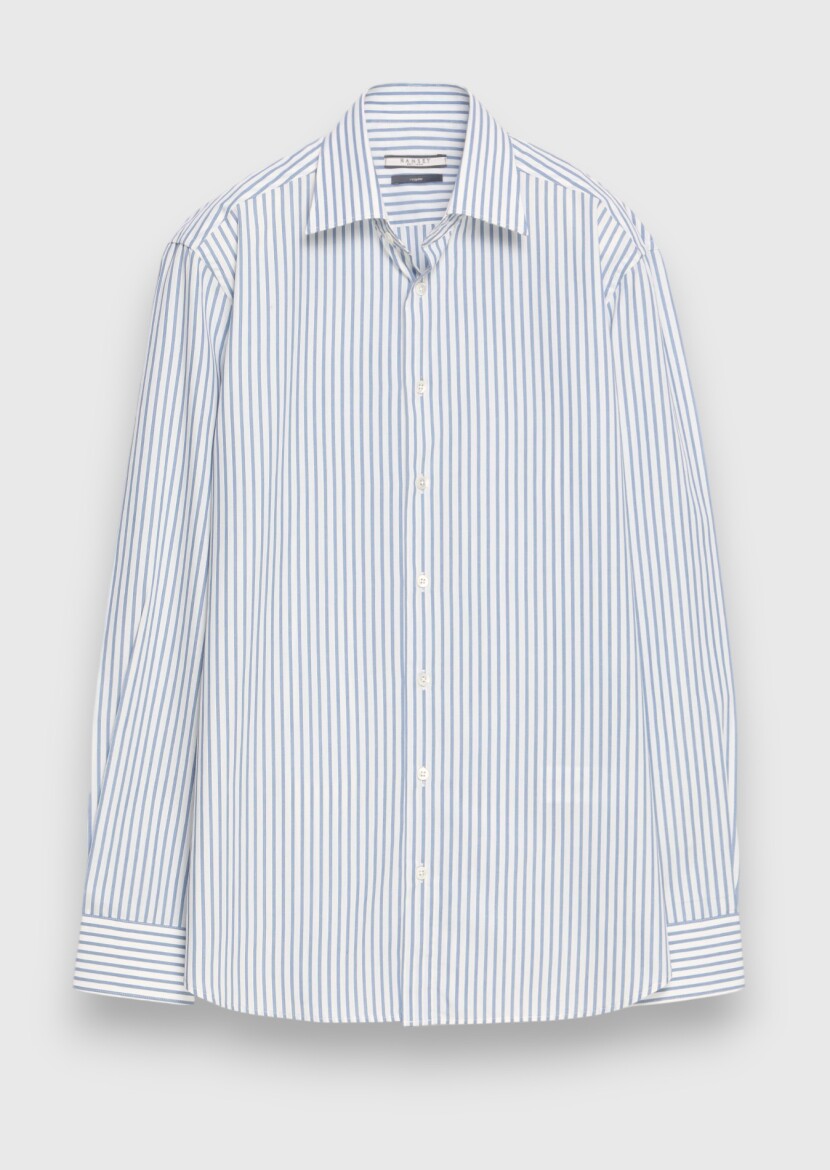 Light Blue Striped Regular Fit Long Weaving Classical Silk Blended Shirt - 5