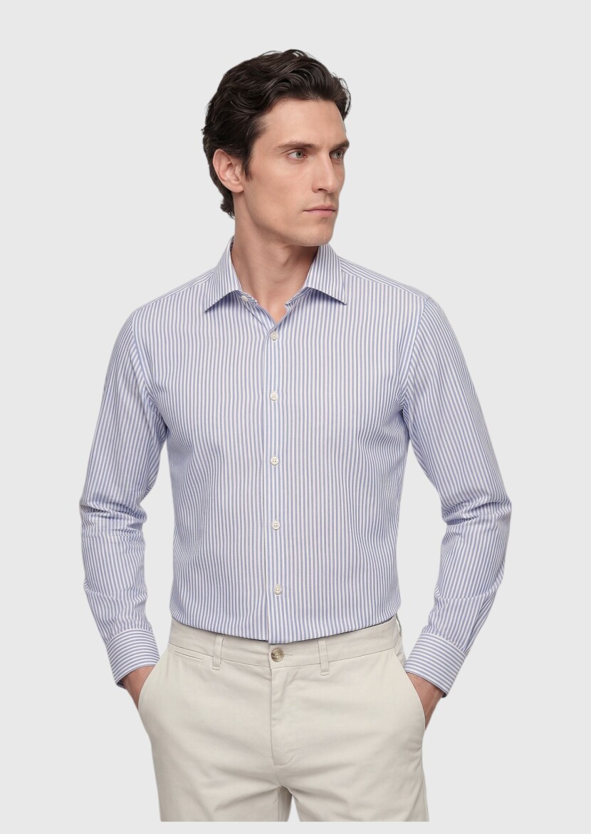 Light Blue Striped Regular Fit Long Weaving Classical Silk Blended Shirt - 1