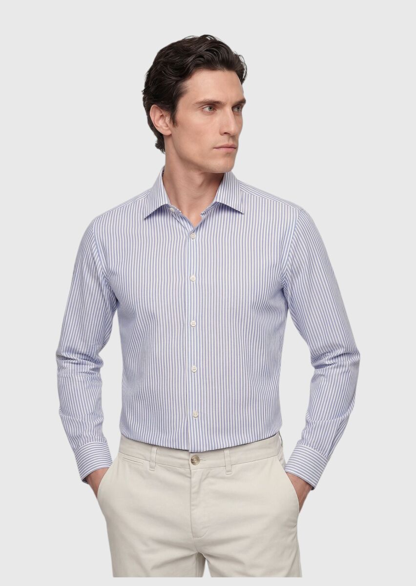 Light Blue Striped Regular Fit Long Weaving Classical Silk Blended Shirt - 1