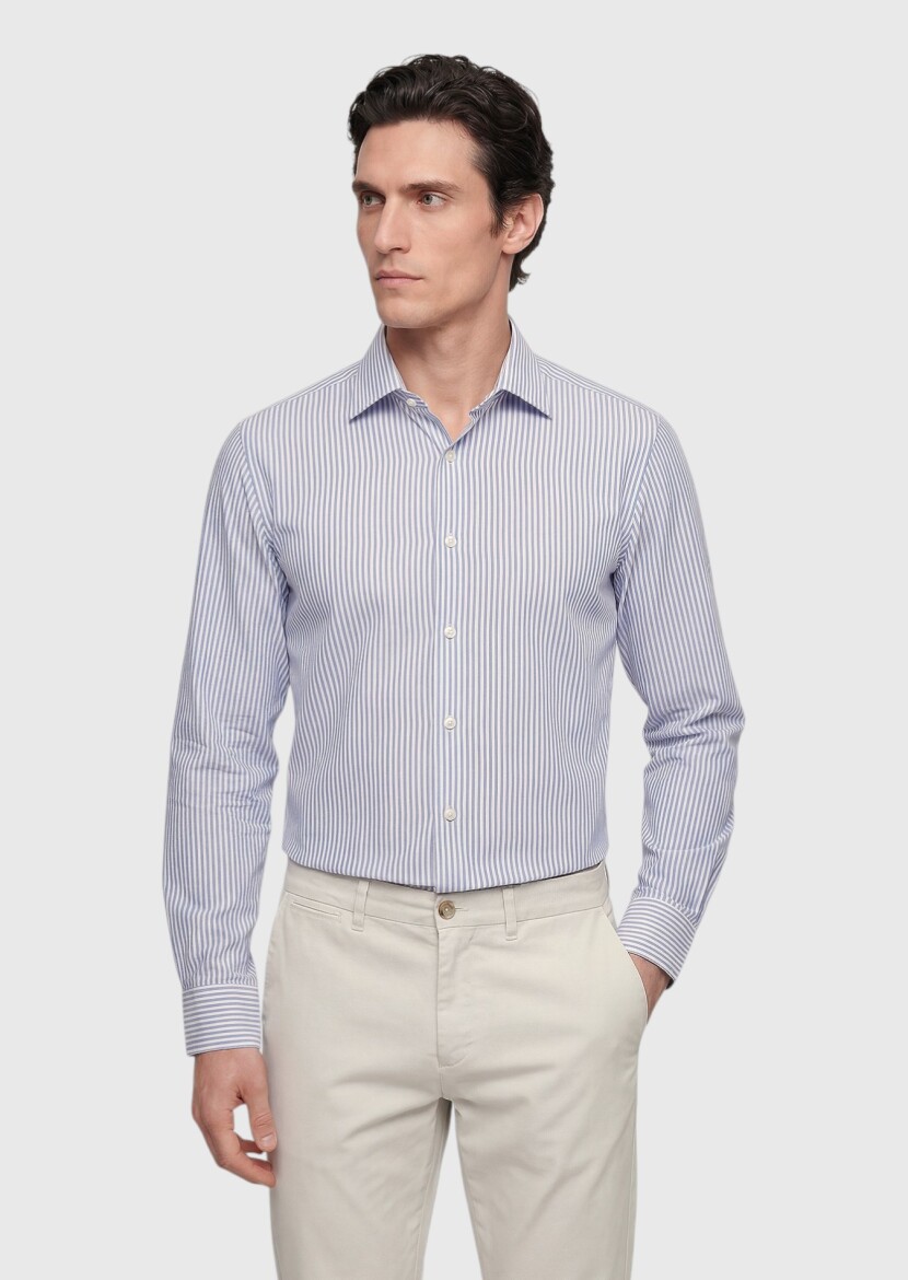 Light Blue Striped Regular Fit Long Weaving Classical Silk Blended Shirt - 3