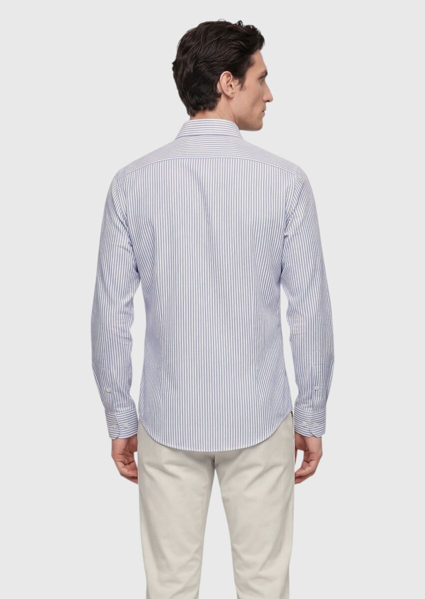 Light Blue Striped Regular Fit Long Weaving Classical Silk Blended Shirt - 5