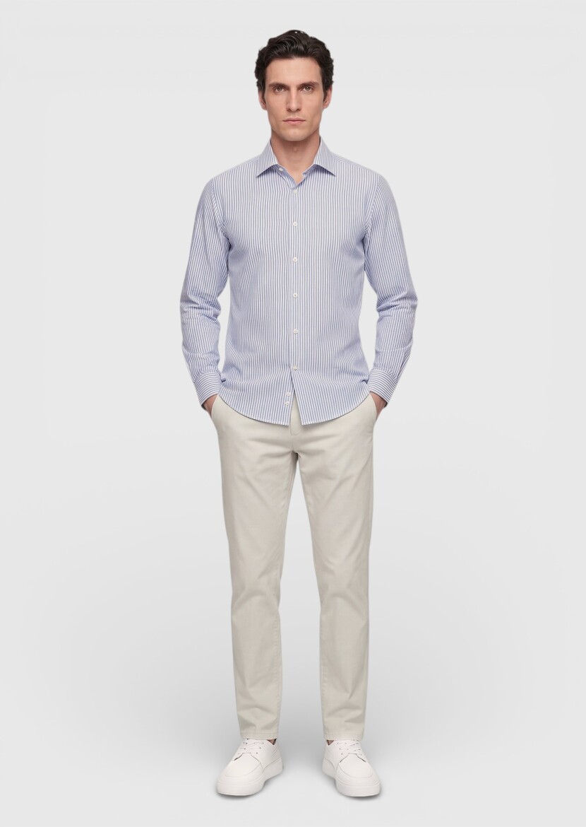 Light Blue Striped Regular Fit Long Weaving Classical Silk Blended Shirt - RAMSEY