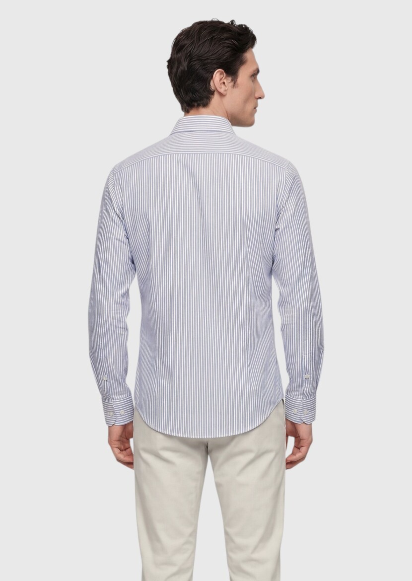 Light Blue Striped Regular Fit Long Weaving Classical Silk Blended Shirt - 5