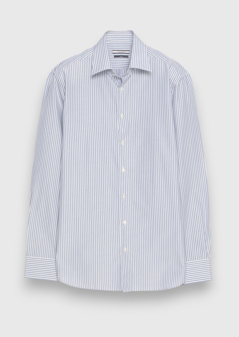 Light Blue Striped Regular Fit Long Weaving Classical Silk Blended Shirt - 6