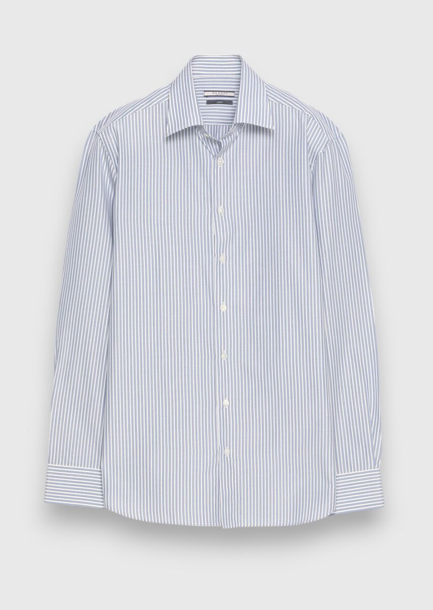 Light Blue Striped Regular Fit Long Weaving Classical Silk Blended Shirt - 6