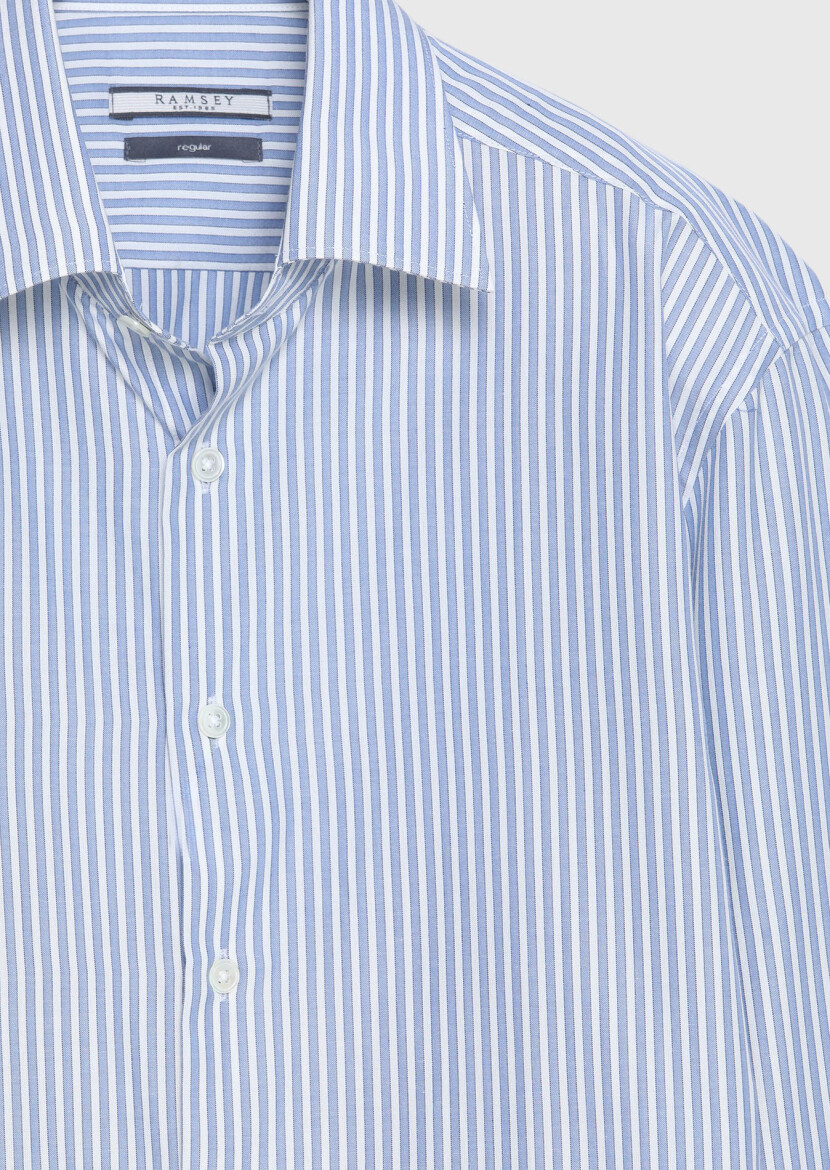 Light Blue Striped Regular Fit Long Weaving Classical Silk Blended Shirt - 7