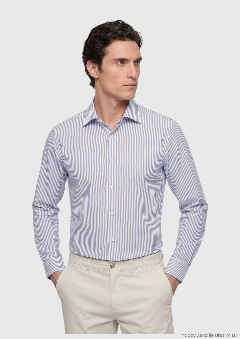 Light Blue Striped Regular Fit Long Weaving Classical Silk Blended Shirt - RAMSEY