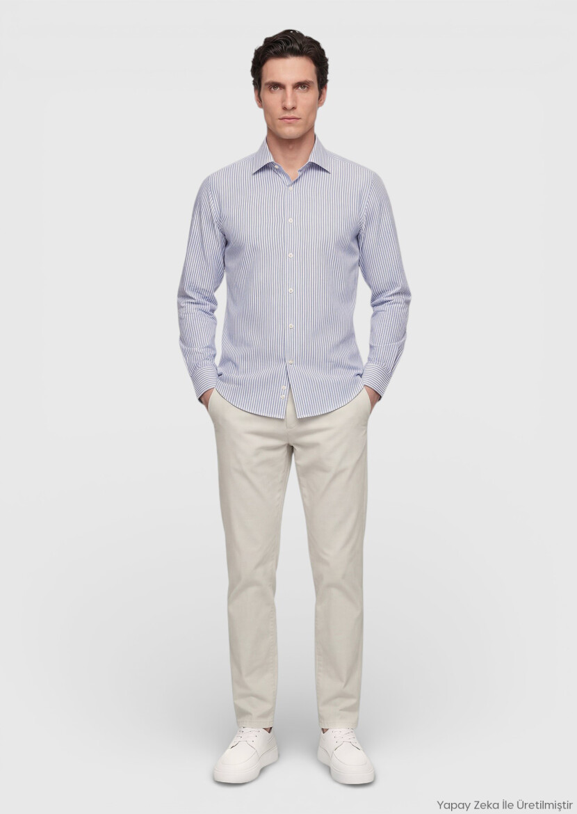 Light Blue Striped Regular Fit Long Weaving Classical Silk Blended Shirt - RAMSEY