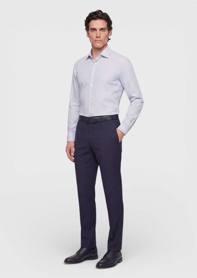 Light Blue Striped Regular Fit Weaving Classical Silk Blended Shirt - RAMSEY