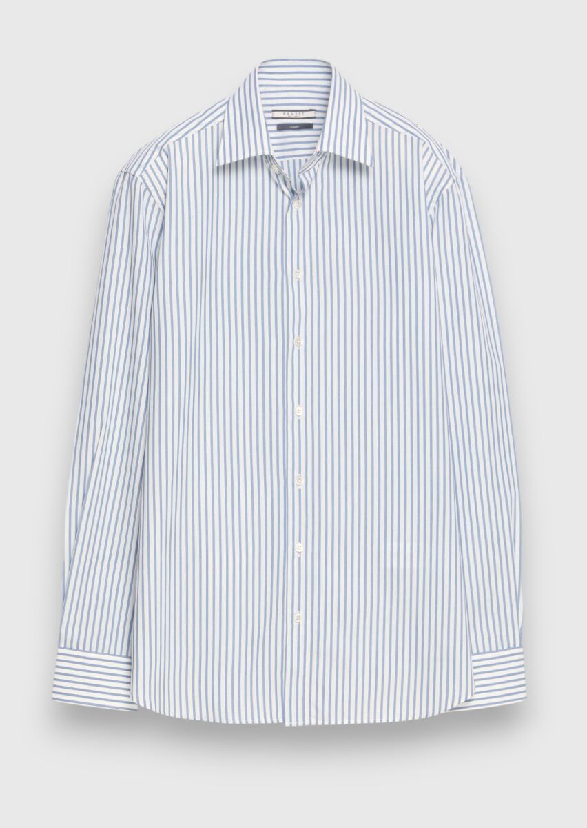 Light Blue Striped Regular Fit Weaving Classical Silk Blended Shirt - 5