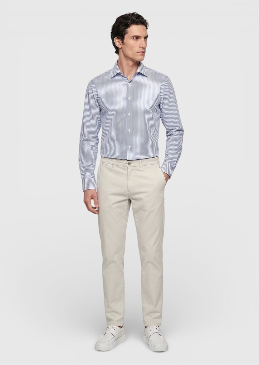 Light Blue Striped Regular Fit Weaving Classical Silk Blended Shirt - 4