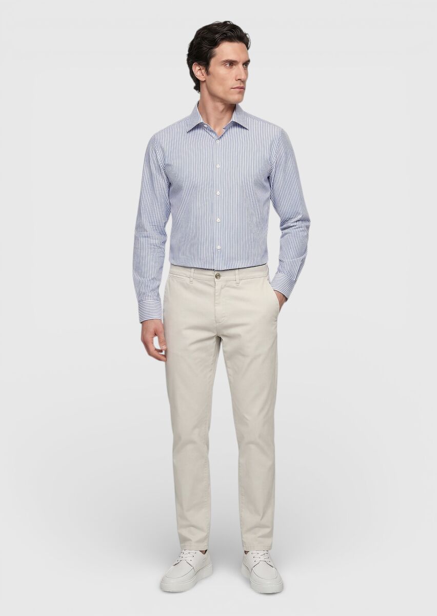 Light Blue Striped Regular Fit Weaving Classical Silk Blended Shirt - 4