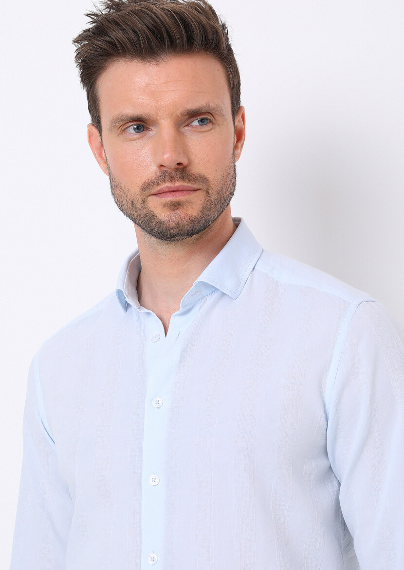 Light Blue Striped Slim Fit Long Weaving Casual 100% Cotton Shirt 