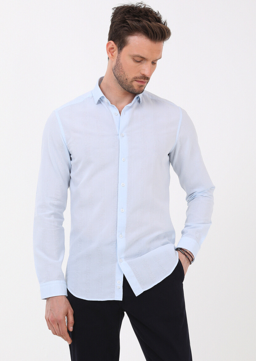 Light Blue Striped Slim Fit Long Weaving Casual 100% Cotton Shirt - 3
