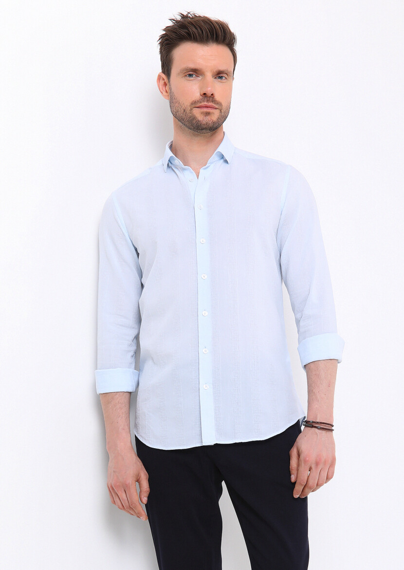 Light Blue Striped Slim Fit Weaving Casual 100% Cotton Shirt 