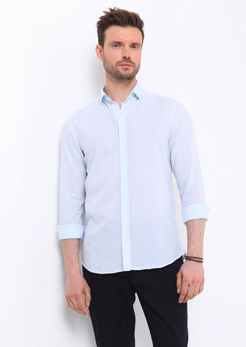 Light Blue Striped Slim Fit Weaving Casual 100% Cotton Shirt - 1