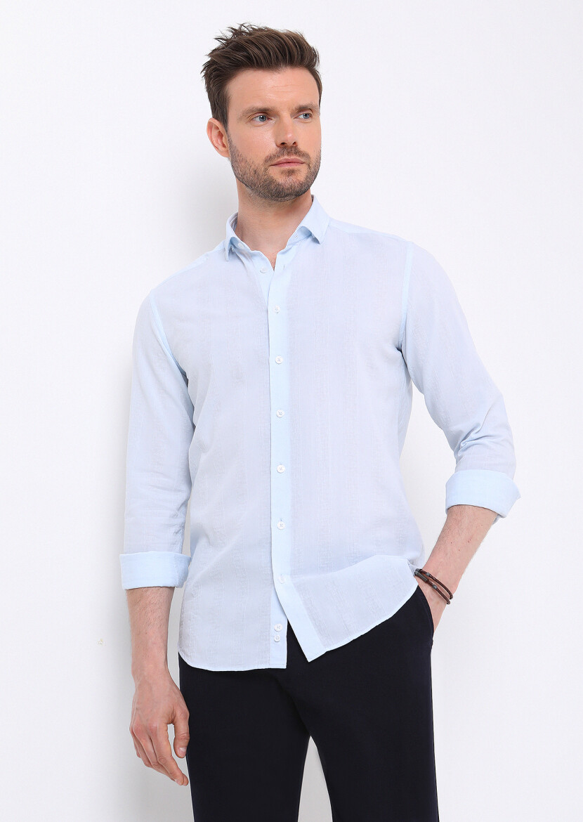 Light Blue Striped Slim Fit Weaving Casual 100% Cotton Shirt - 4