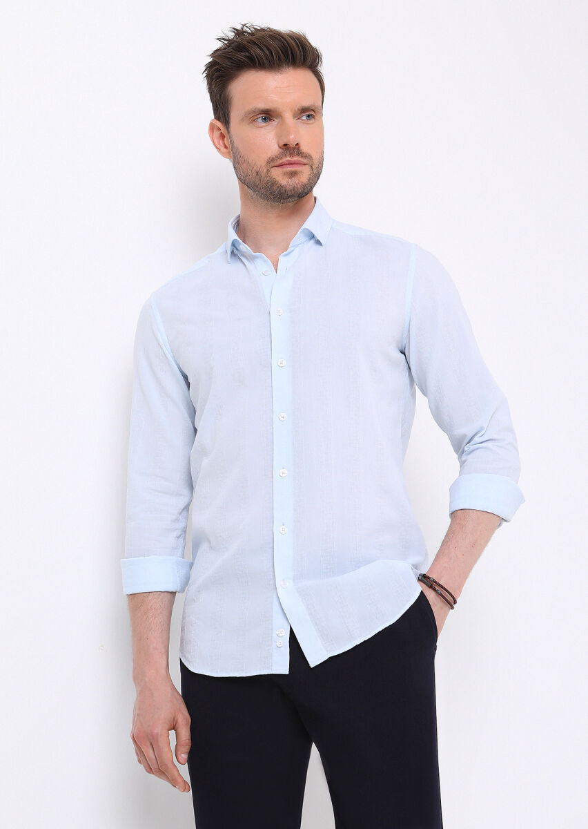 Light Blue Striped Slim Fit Weaving Casual 100% Cotton Shirt - 4