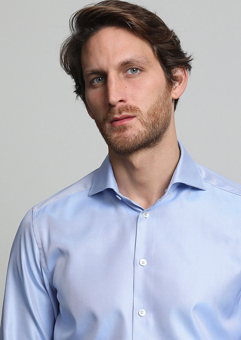 Light Blue Striped Weaving Classical 100% Cotton Shirt - 1