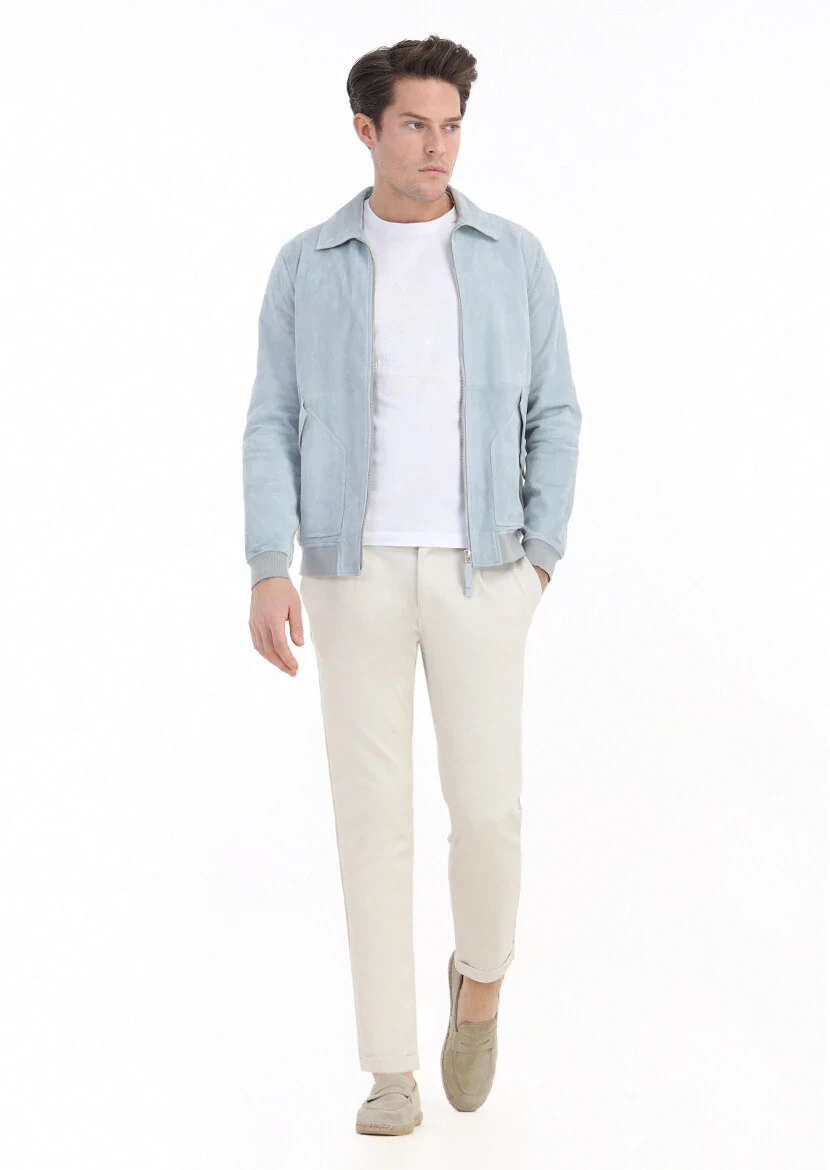 Light Blue Suede Leather Coat - 1