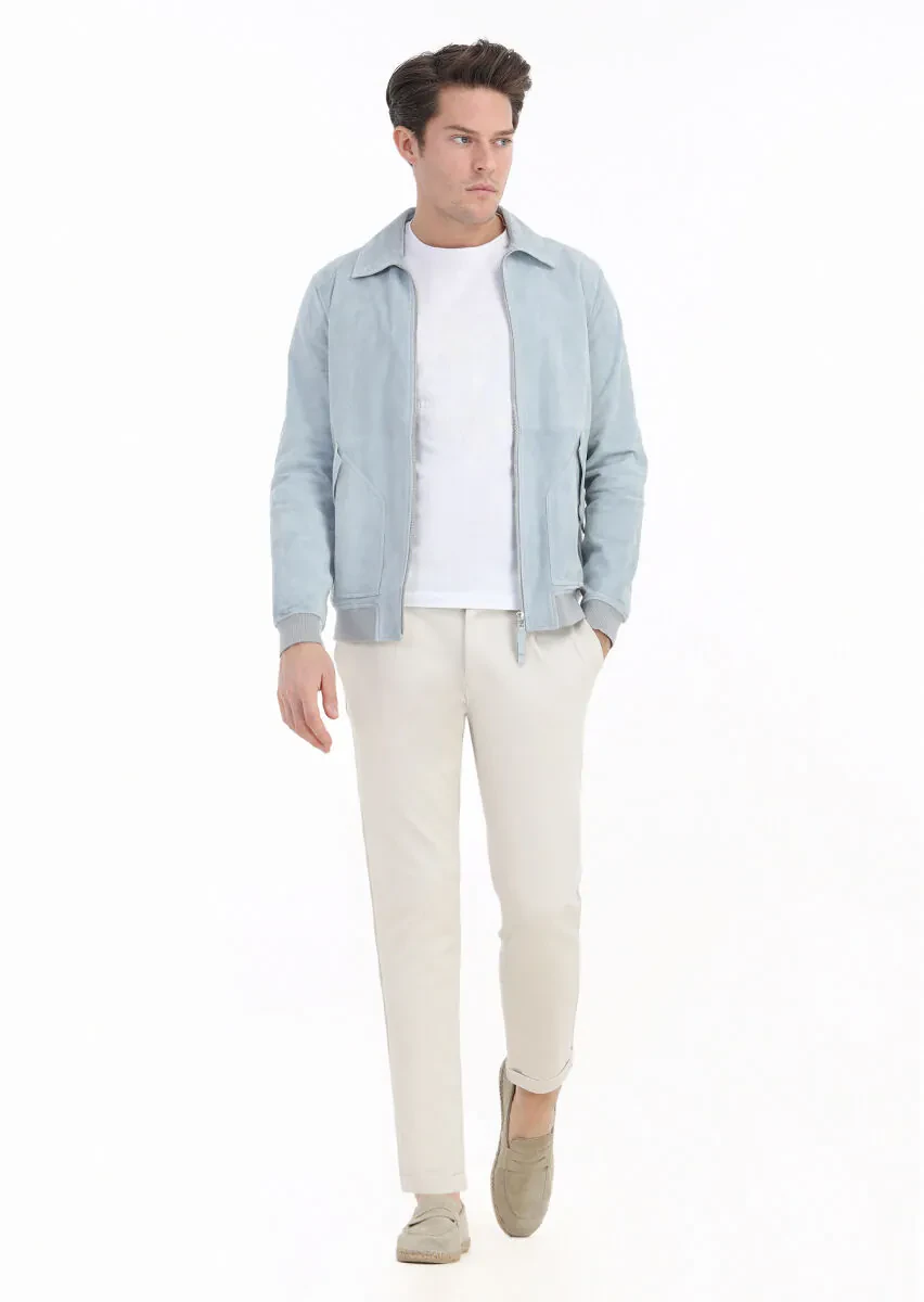Light Blue Suede Leather Coat - 1