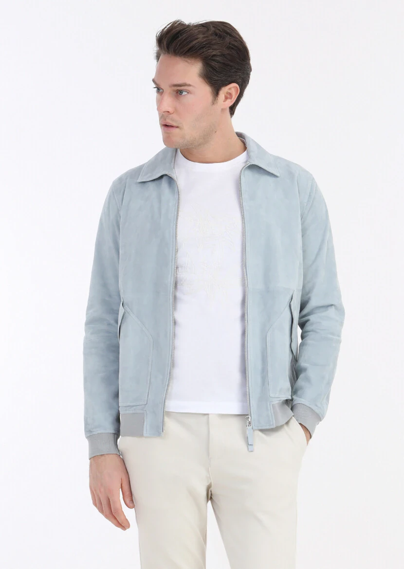 Light Blue Suede Leather Coat - 2