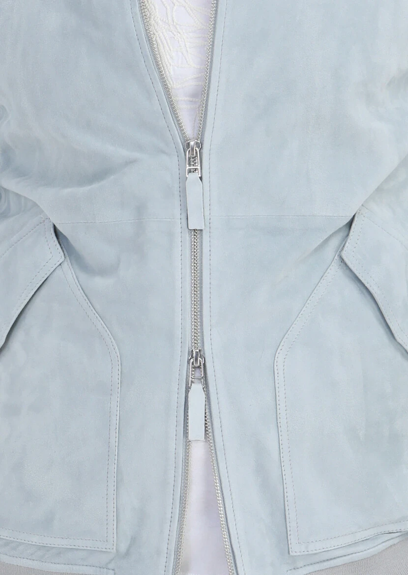 Light Blue Suede Leather Coat - 5