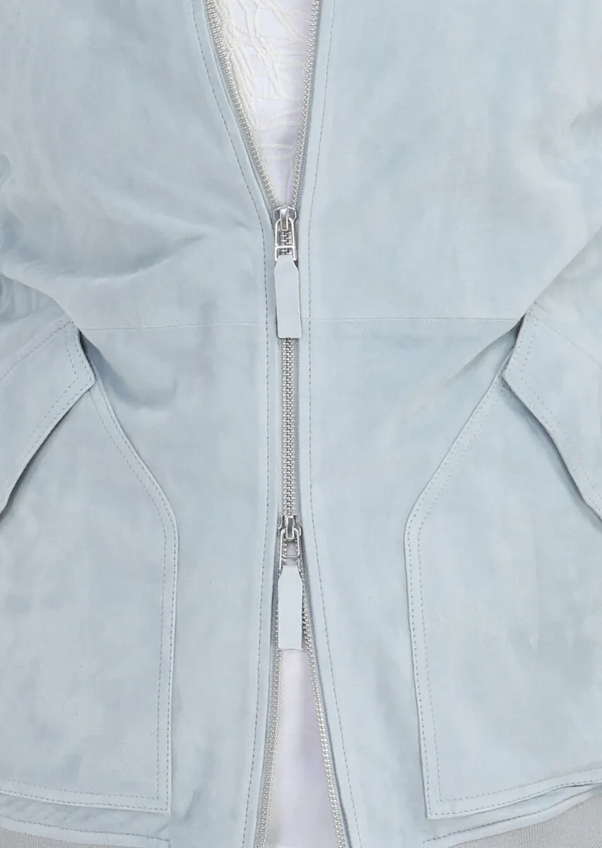 Light Blue Suede Leather Coat - 5