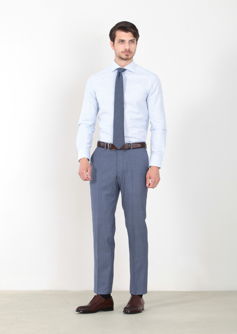 Light Blue Weaving Regular Fit Classical 100% Wool Trousers - 1