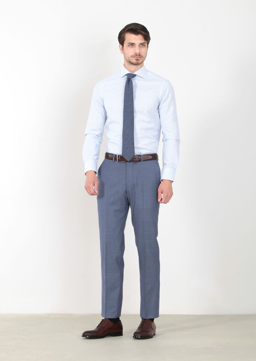Light Blue Weaving Regular Fit Classical 100% Wool Trousers - 1