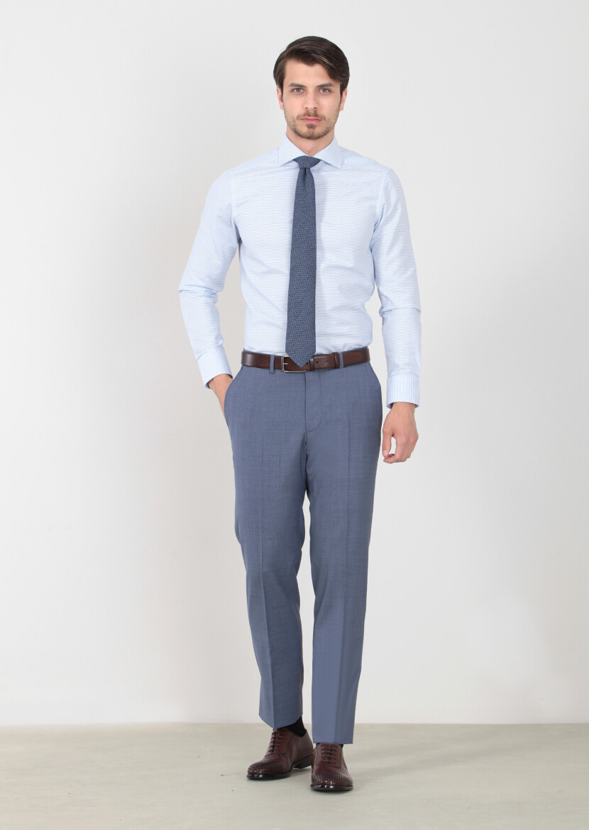 Light Blue Weaving Regular Fit Classical 100% Wool Trousers 